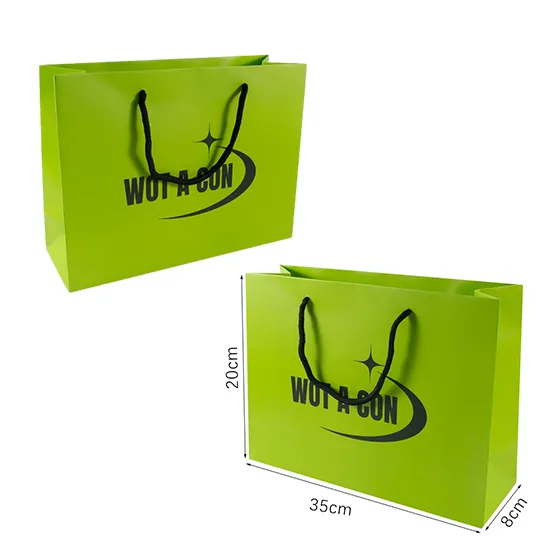 Green paper shopping bag with a single black logo and black rope handles