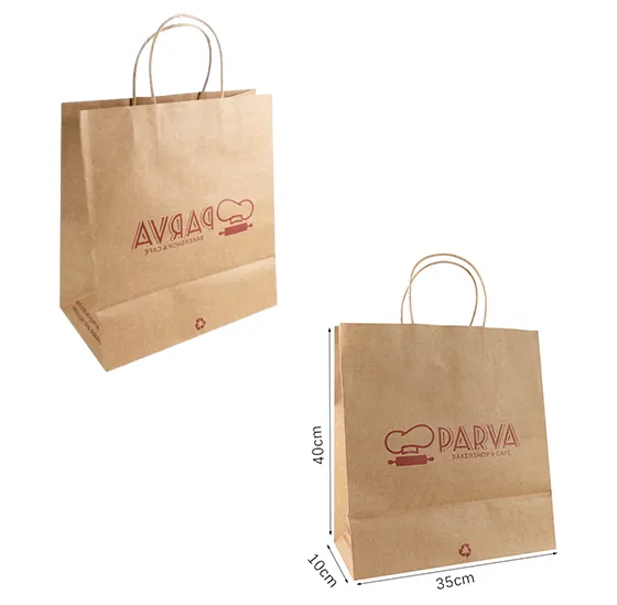 Brown kraft takeaway bags with twisted handles and one-colour logo