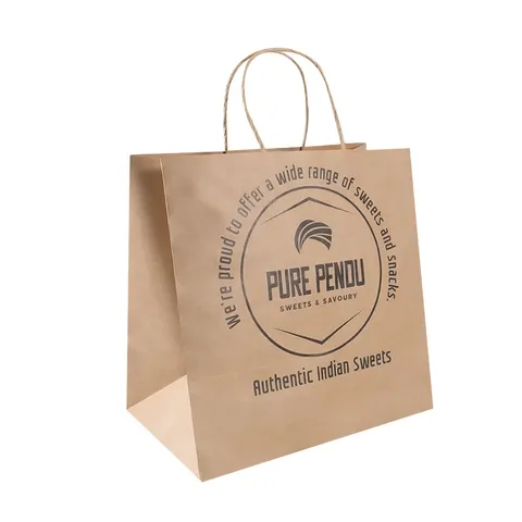 Brown kraft paper bag with twisted handles and printed logo