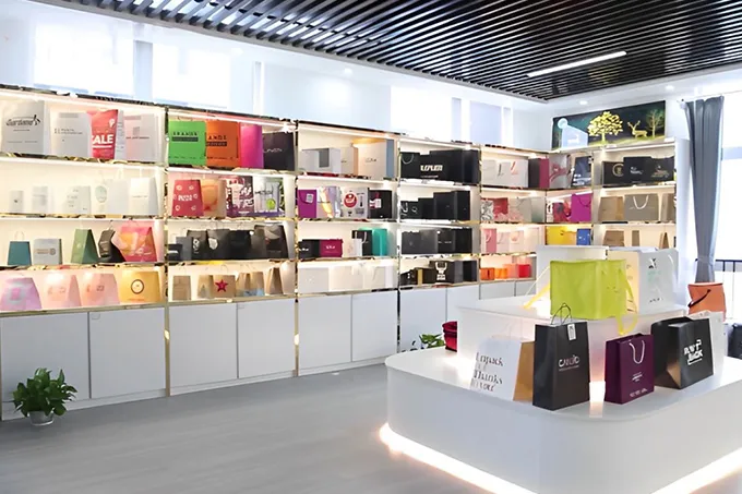 Showroom with sample paper bags and boxes