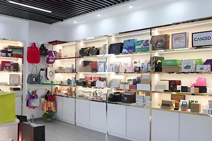 Sample room with finished paper bags and boxes
