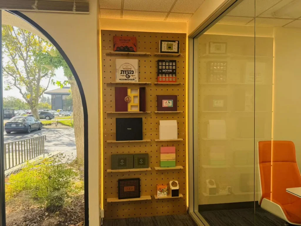 Box samples beside the meeting area at our West Coast office