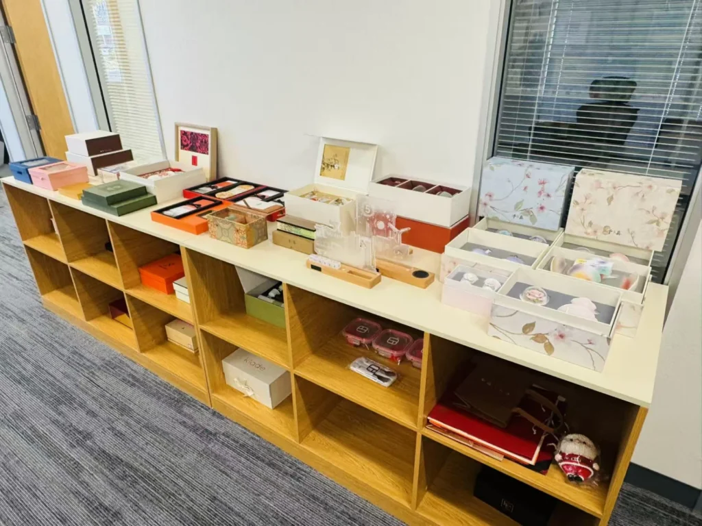 Gift boxes and presentation packaging displayed at our West Coast office