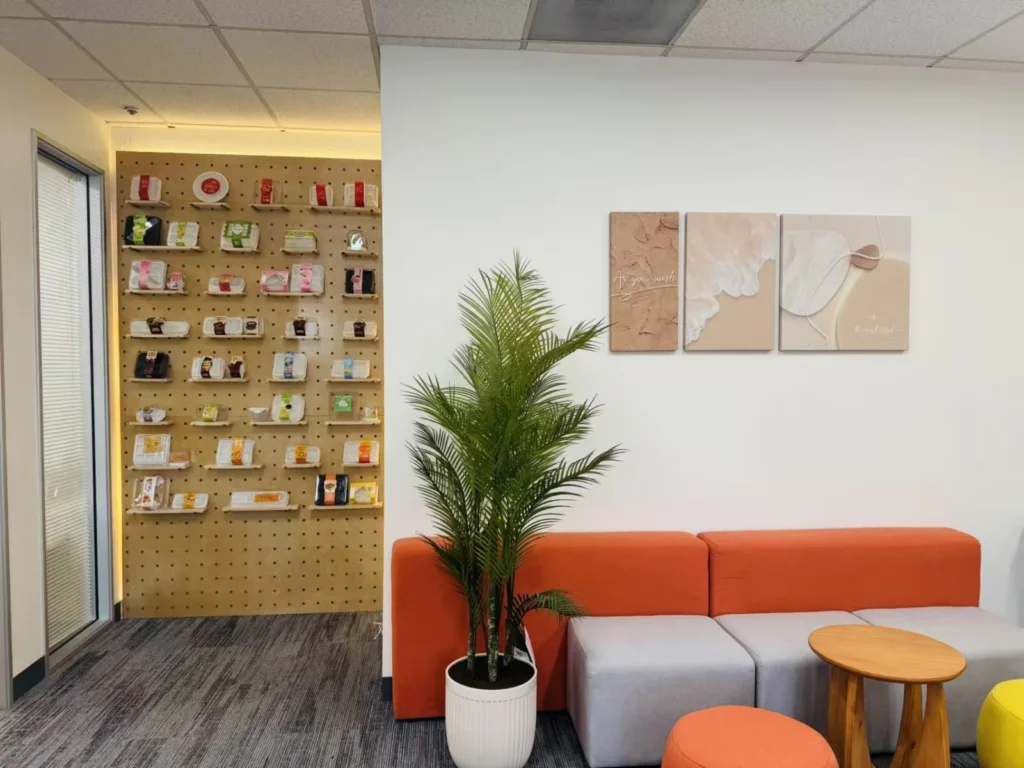 Reception seating and food packaging samples at our West Coast office