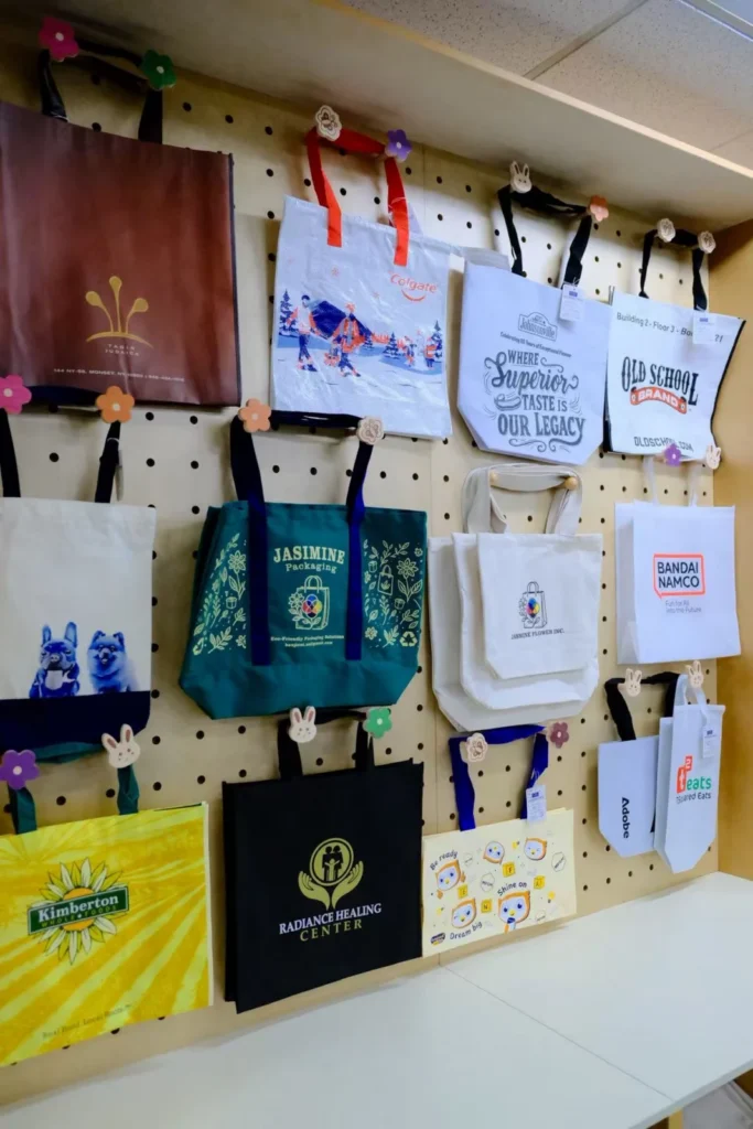 Reusable and branded bag samples at our West Coast office