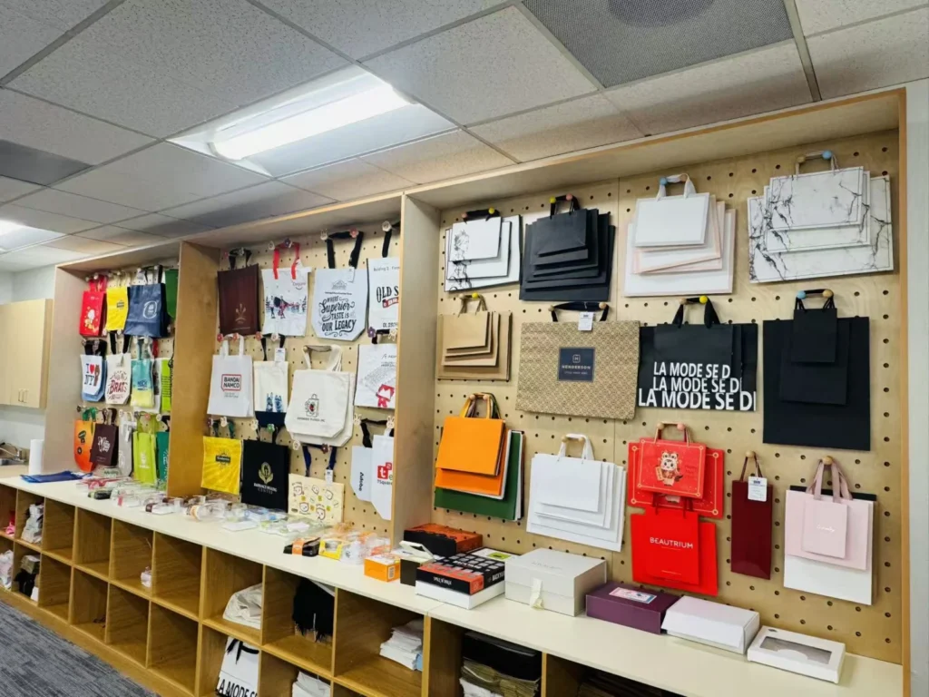 Packaging sample wall at our West Coast office